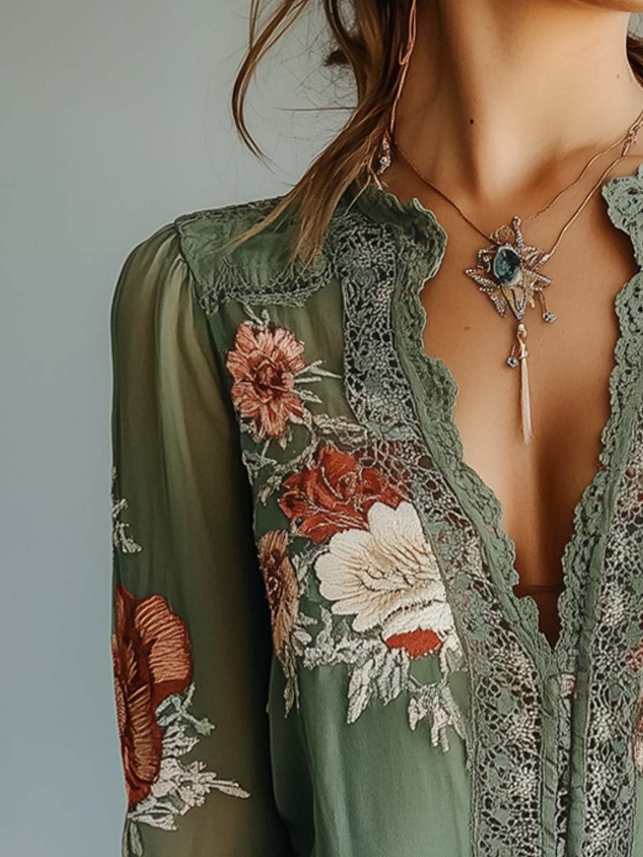 Vrouwen Blouse met Bloemen en Kant Lichtgewicht Elegant
