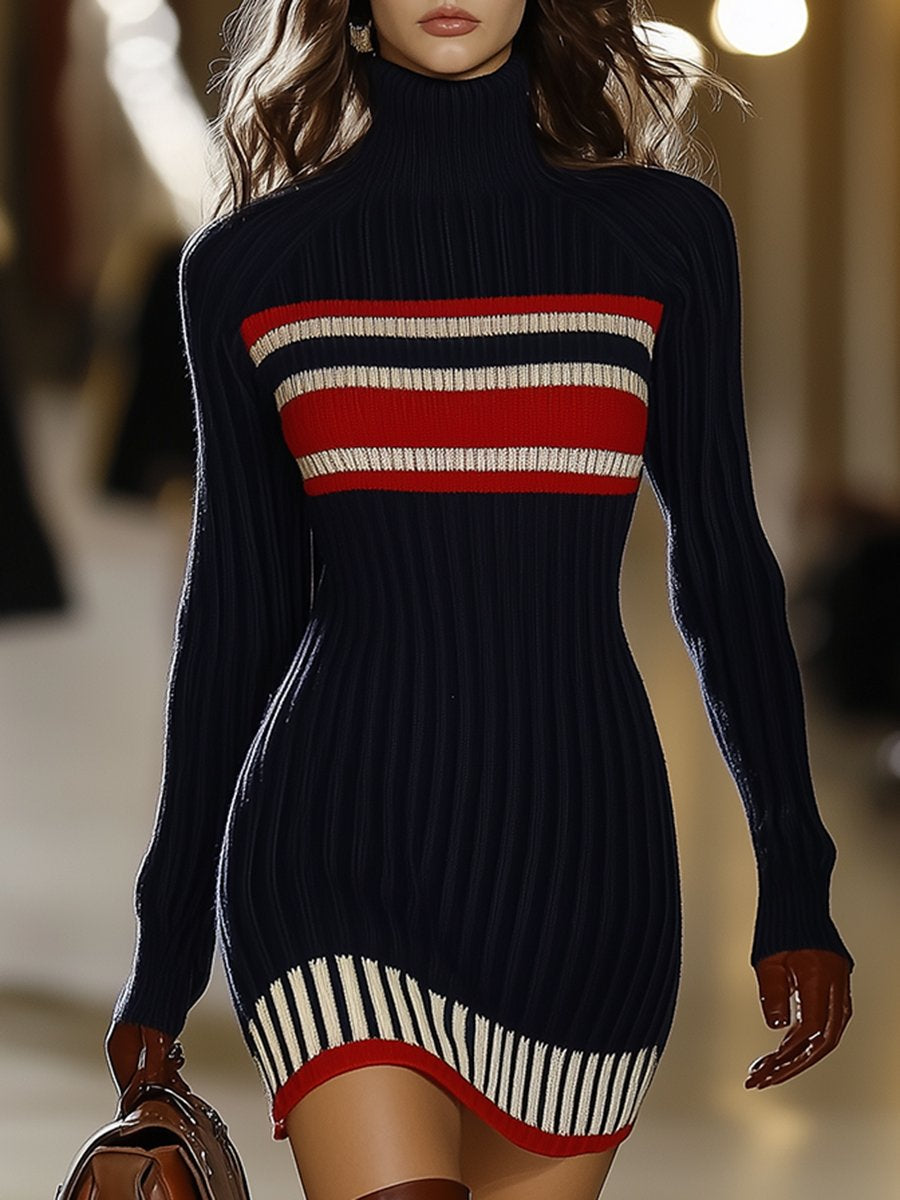 Dames Jurk Gebreid Rood Wit Streep Patroon Retro Stijl - StudioMarella