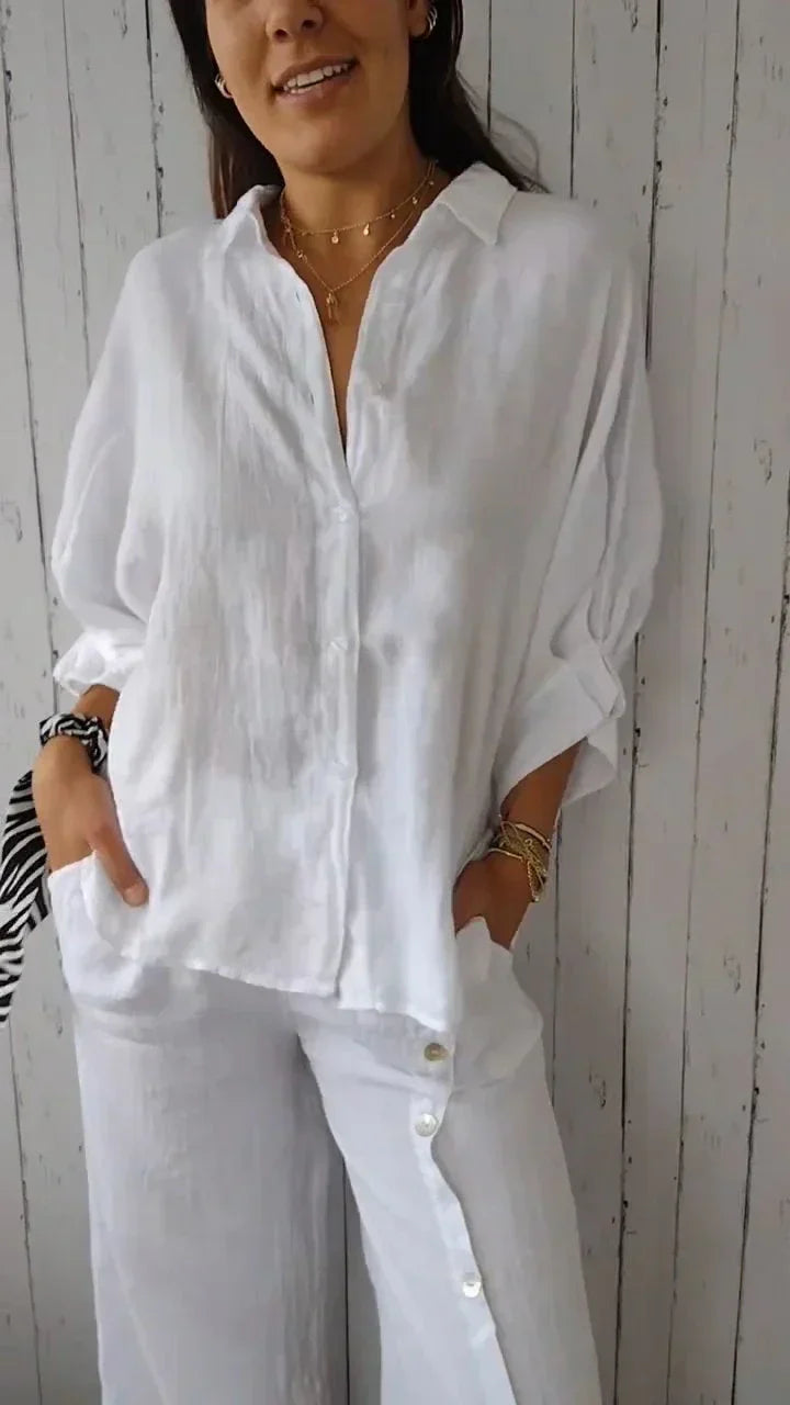 Vrouwelijke Blouse van Katoen met Knoopsluiting Linnen Stijl