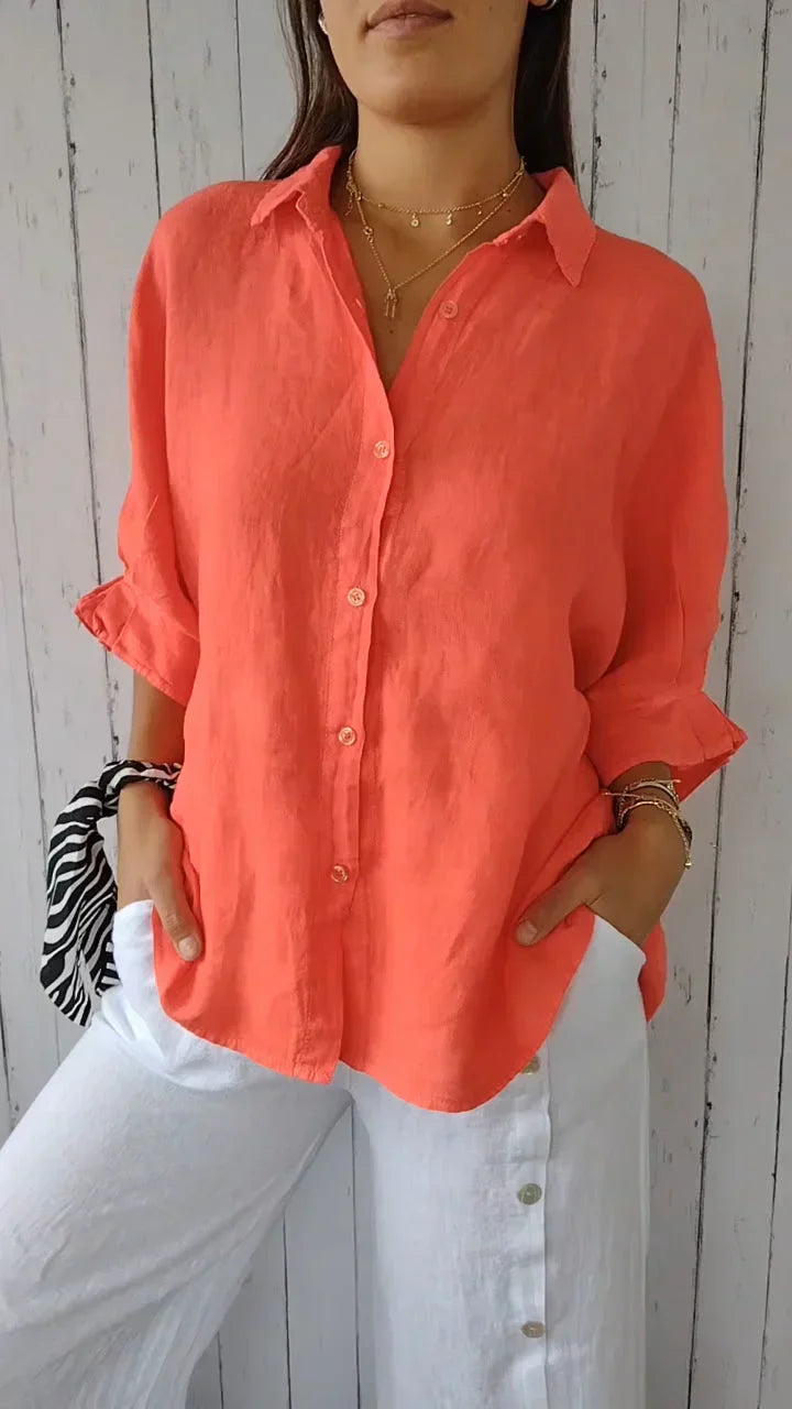 Vrouwelijke Blouse van Katoen met Knoopsluiting Linnen Stijl