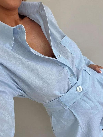 Linnen Korte Set Blauw Chic Zomeroutfit