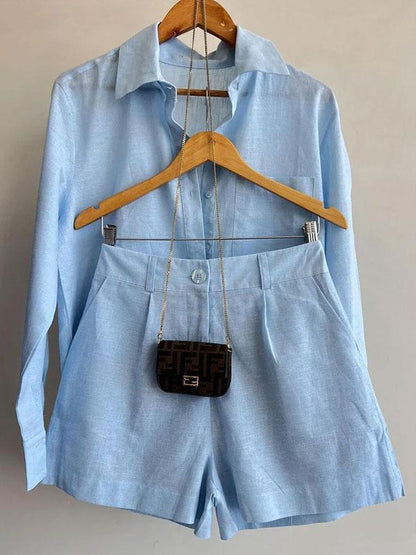 Linnen Korte Set Blauw Chic Zomeroutfit