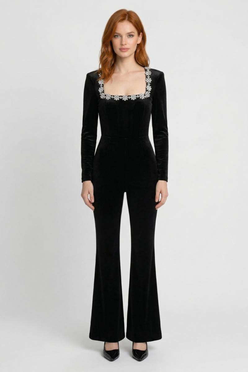 Jumpsuit Dames - Elegant met Vierkante Hals | Kristal Details — Zwart