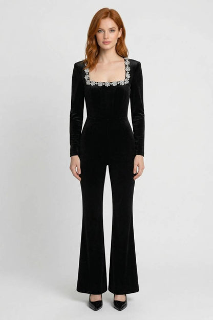 Jumpsuit Dames - Elegant met Vierkante Hals | Kristal Details — Zwart