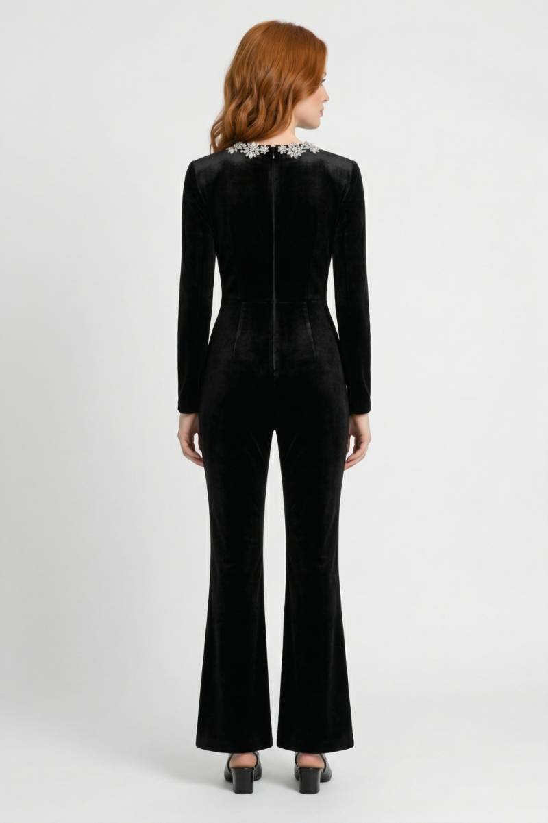 Jumpsuit Dames - Elegant met Vierkante Hals | Kristal Details — Zwart