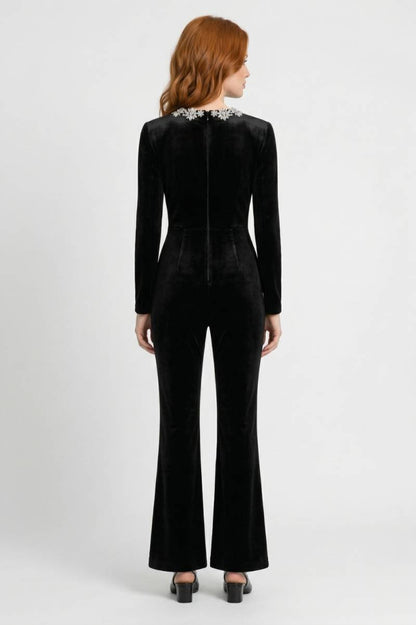 Jumpsuit Dames - Elegant met Vierkante Hals | Kristal Details — Zwart
