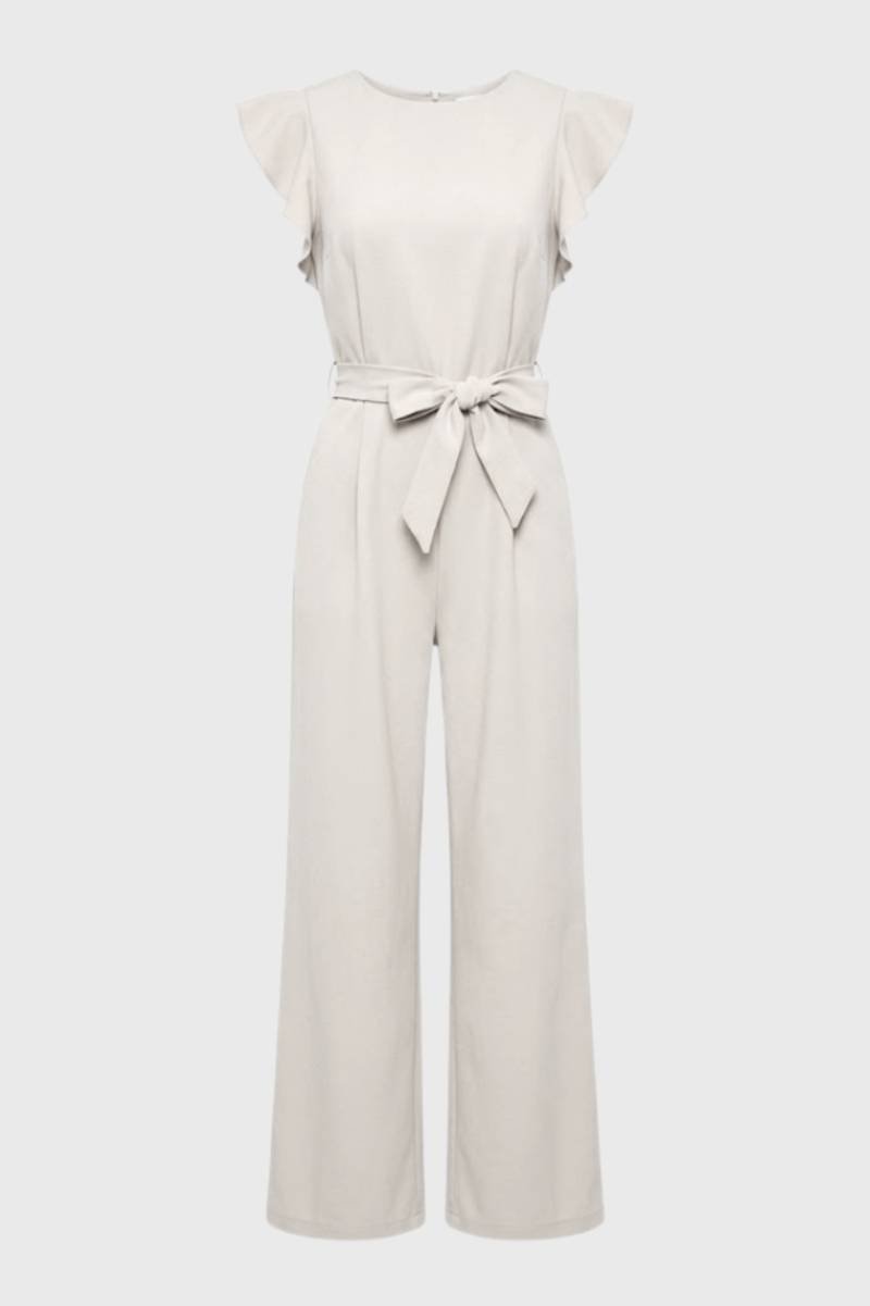 Jumpsuit Dames - Elegant met Vlindermouwen | Strikceintuur — Beige