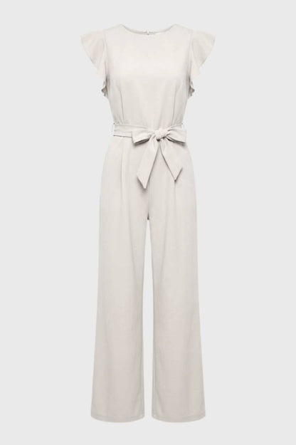 Jumpsuit Dames - Elegant met Vlindermouwen | Strikceintuur — Beige
