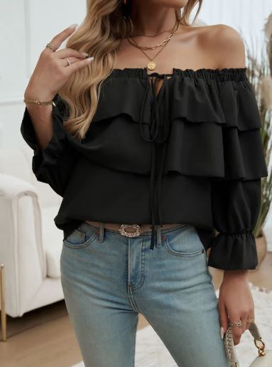 Vrouwelijke Blouse Blote Schouders met Ruches Zomer Jurk Stijl