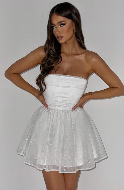 Witte Mini Jurk Glitter Korte Feestjurk voor Dames
