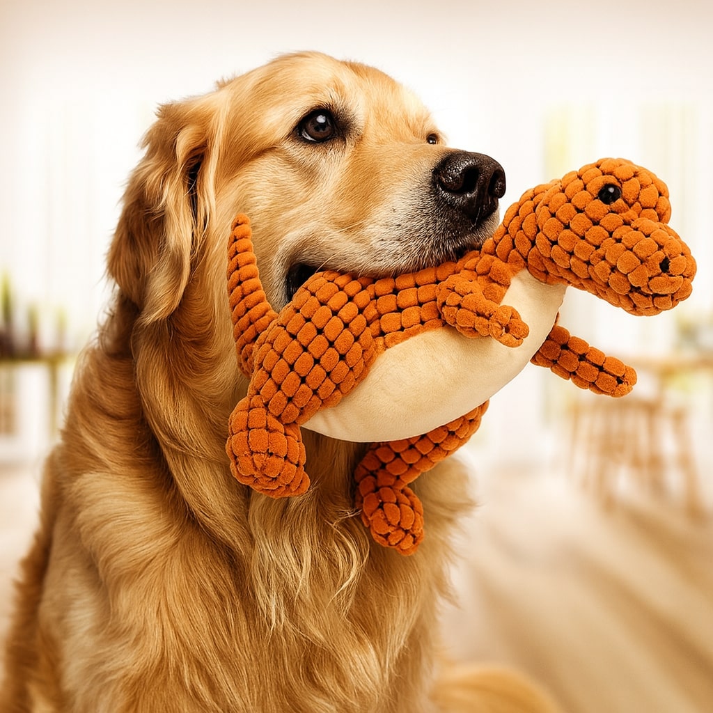 Pluche Hondenspeelgoed Dinosaurus – Stevig Interactief Kauwspeelgoed met Piep voor Kleine Honden – Oranje Bruin Groen