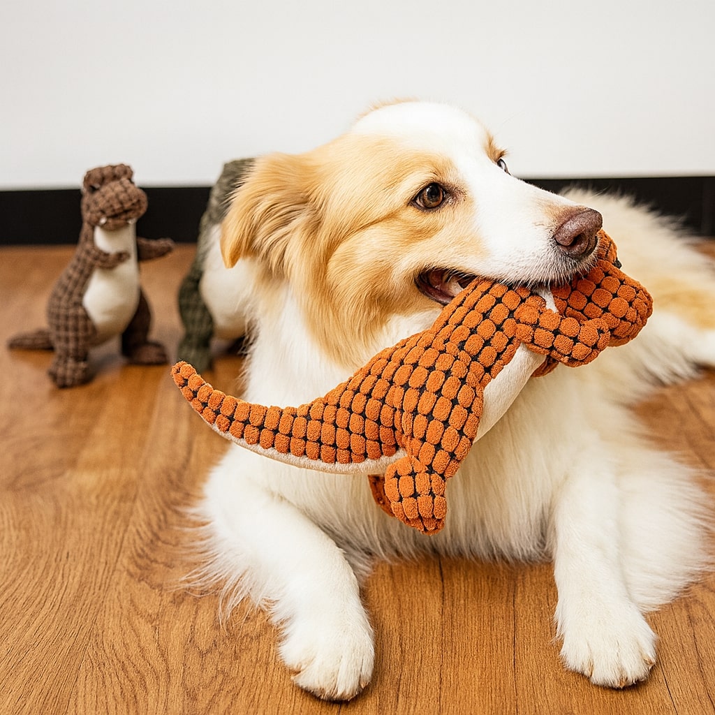 Pluche Hondenspeelgoed Dinosaurus – Stevig Interactief Kauwspeelgoed met Piep voor Kleine Honden – Oranje Bruin Groen