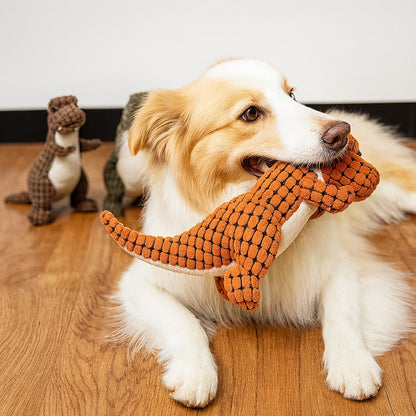 Pluche Hondenspeelgoed Dinosaurus – Stevig Interactief Kauwspeelgoed met Piep voor Kleine Honden – Oranje Bruin Groen