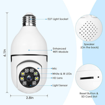 Beveiligingscamera Ledlamp met 360° Panorama Nachtzicht WiFi Bewaking Smart Home Draadloos Binnen Beveiliging
