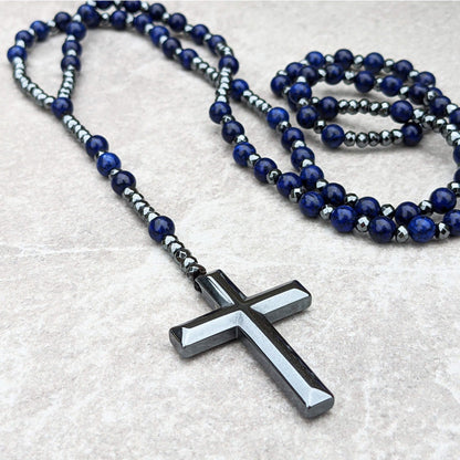Natuursteen Rozenkrans Ketting met Kruis Hanger voor Mannen Zwart Blauw Groen Grijs