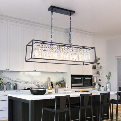 Luxe Rechthoekige Kristallen Hanglamp Zwart voor Keukeneiland en Eettafel met 5 Lichtpunten