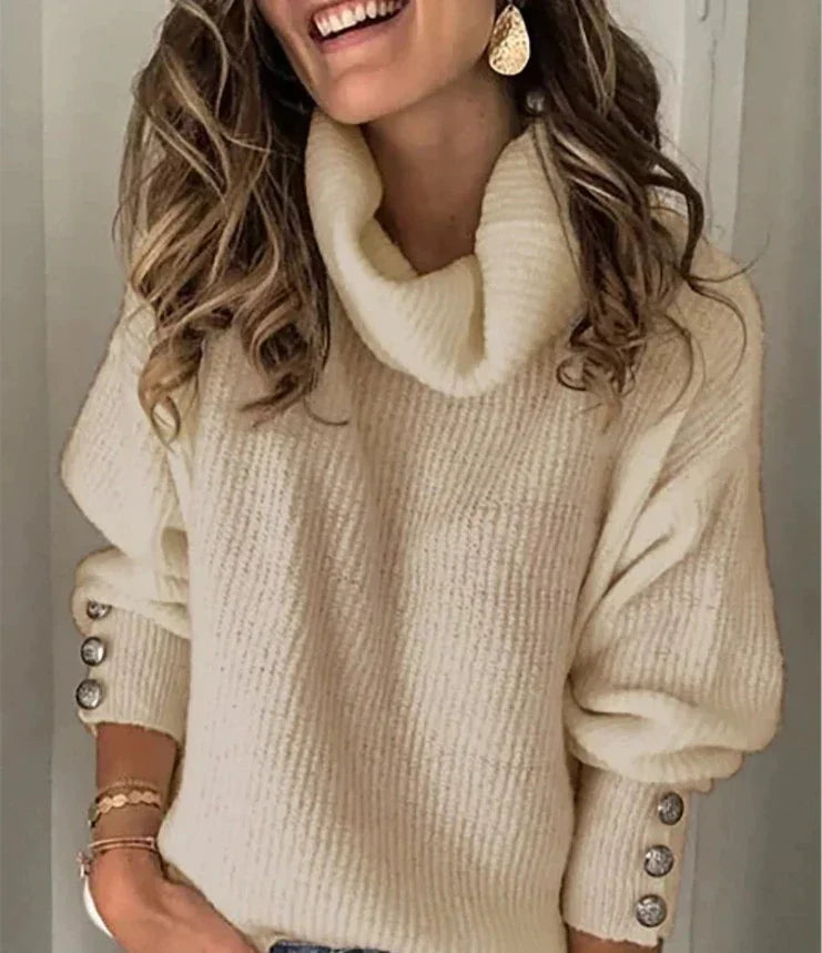 Dames Turtleneck Trui Zwart Hoge Kraag Met Knoopjes