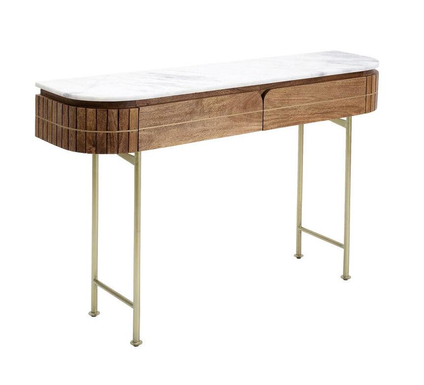 Luxe ovale houten console tafel met marmeren blad en gouden poten – modern design sidetable met lades 100 cm