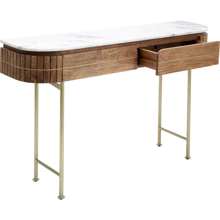 Luxe ovale houten console tafel met marmeren blad en gouden poten – modern design sidetable met lades 100 cm