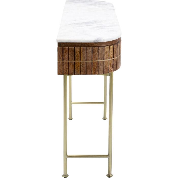 Luxe ovale houten console tafel met marmeren blad en gouden poten – modern design sidetable met lades 100 cm