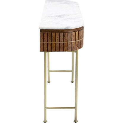Luxe ovale houten console tafel met marmeren blad en gouden poten – modern design sidetable met lades 100 cm