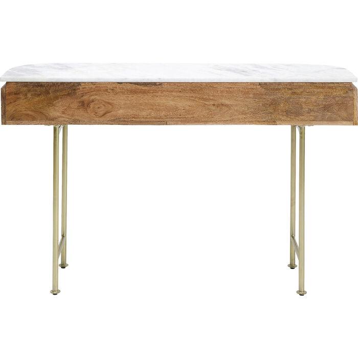 Luxe ovale houten console tafel met marmeren blad en gouden poten – modern design sidetable met lades 100 cm