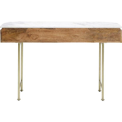 Luxe ovale houten console tafel met marmeren blad en gouden poten – modern design sidetable met lades 100 cm