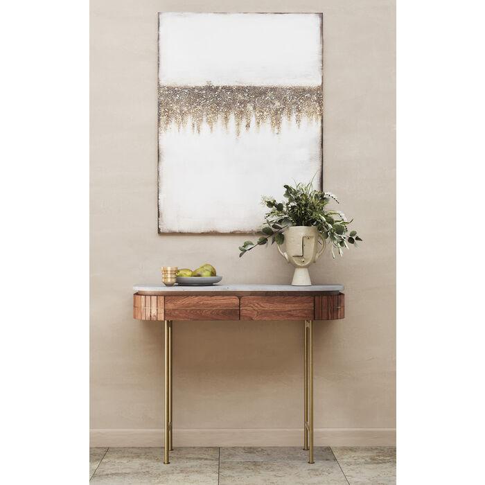 Luxe ovale houten console tafel met marmeren blad en gouden poten – modern design sidetable met lades 100 cm