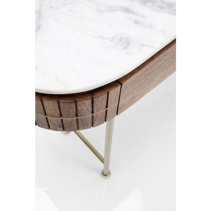 Luxe ovale houten console tafel met marmeren blad en gouden poten – modern design sidetable met lades 100 cm
