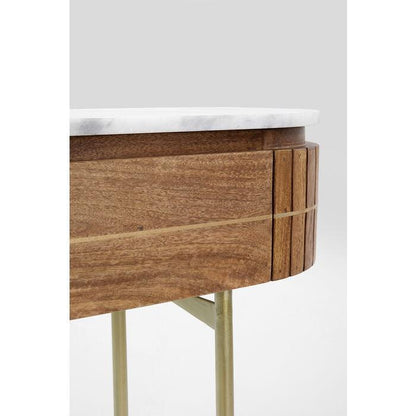 Luxe ovale houten console tafel met marmeren blad en gouden poten – modern design sidetable met lades 100 cm
