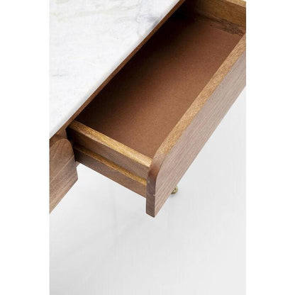 Luxe ovale houten console tafel met marmeren blad en gouden poten – modern design sidetable met lades 100 cm