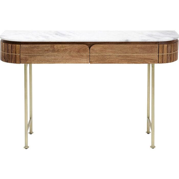 Luxe ovale houten console tafel met marmeren blad en gouden poten – modern design sidetable met lades 100 cm