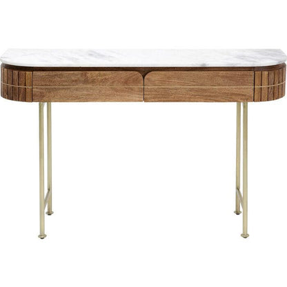 Luxe ovale houten console tafel met marmeren blad en gouden poten – modern design sidetable met lades 100 cm