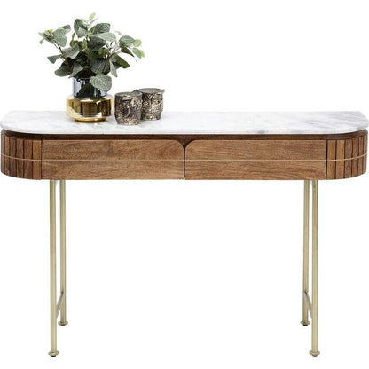 Luxe ovale houten console tafel met marmeren blad en gouden poten – modern design sidetable met lades 100 cm