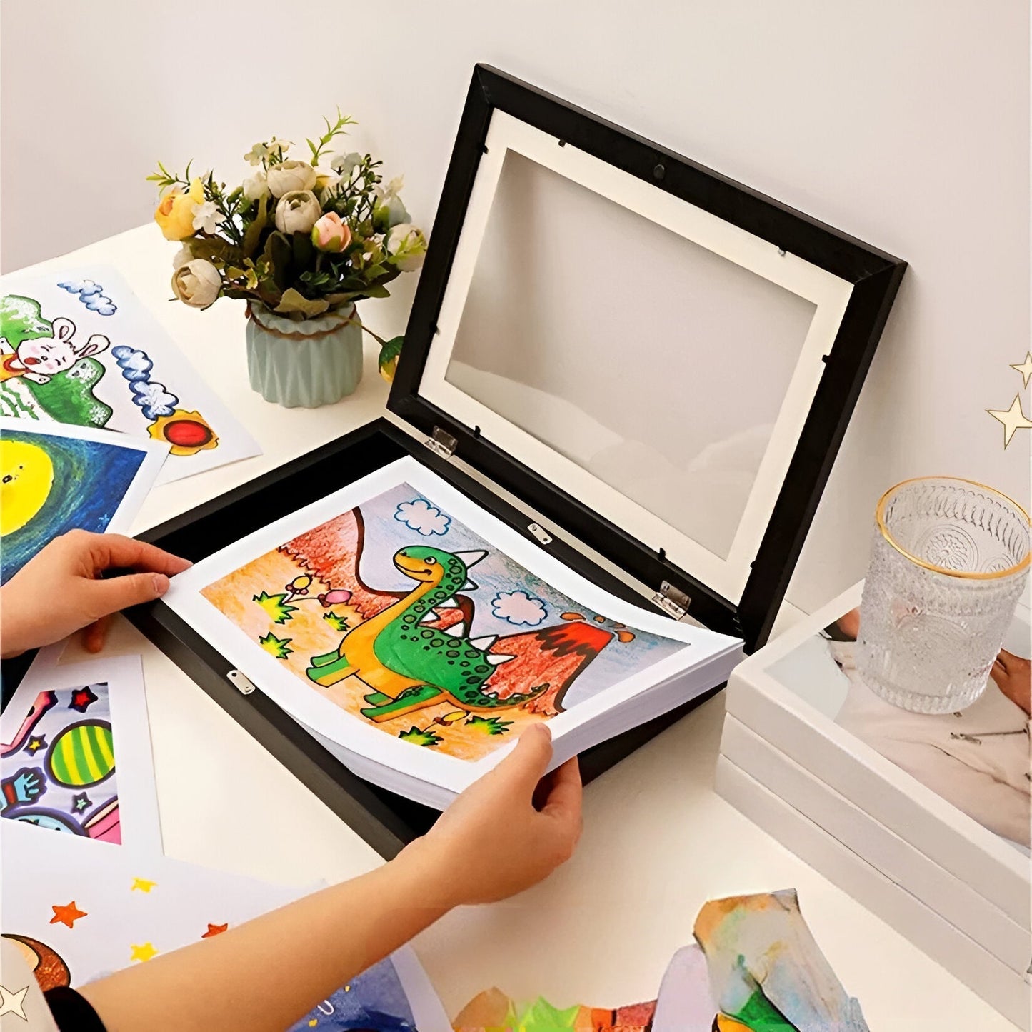 Kinderkunst Wissellijst A4 A3 met Opbergcapaciteit 150 Tekeningen Hout Klap Fotolijst voor Kinderkamer Woonkamer