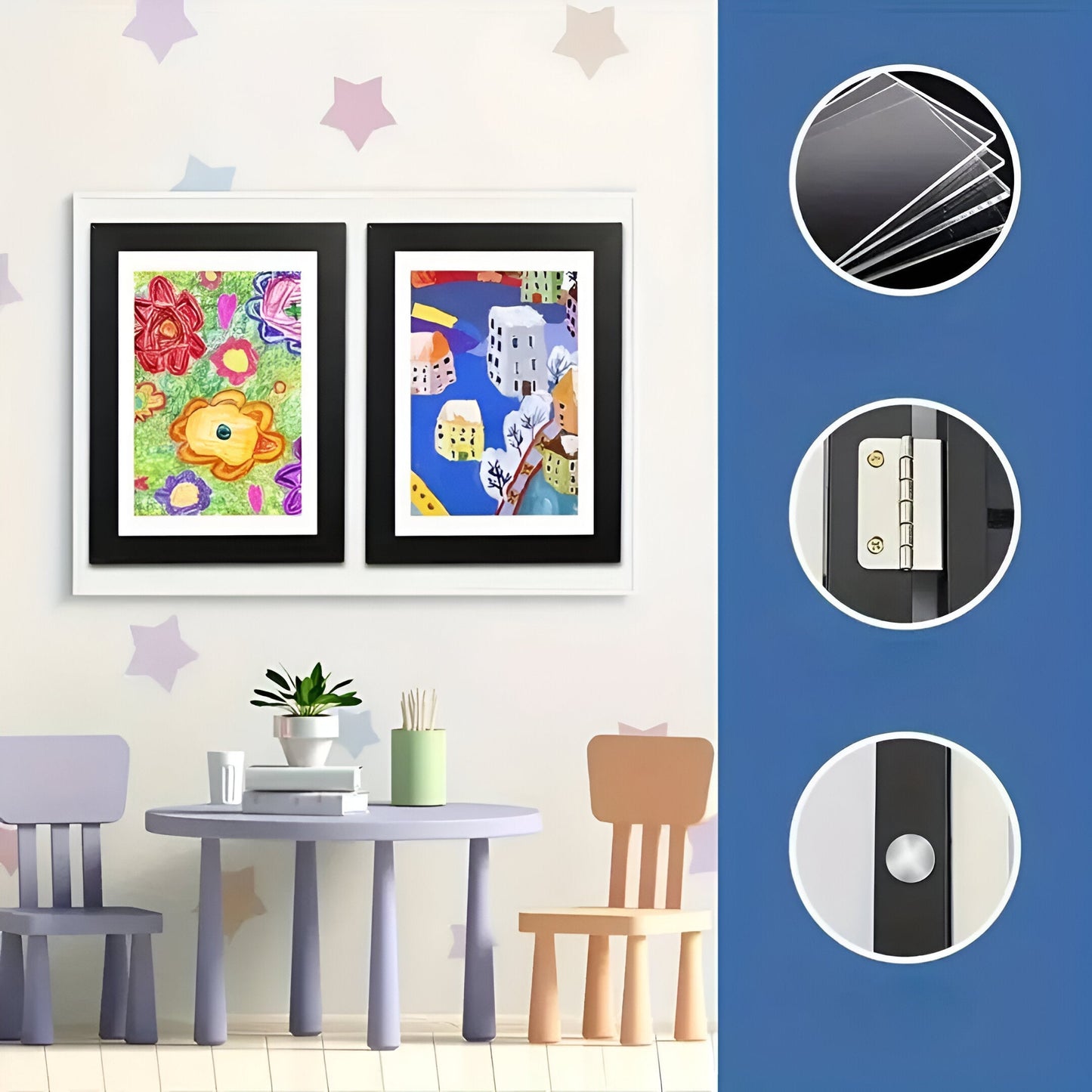 Kinderkunst Wissellijst A4 A3 met Opbergcapaciteit 150 Tekeningen Hout Klap Fotolijst voor Kinderkamer Woonkamer