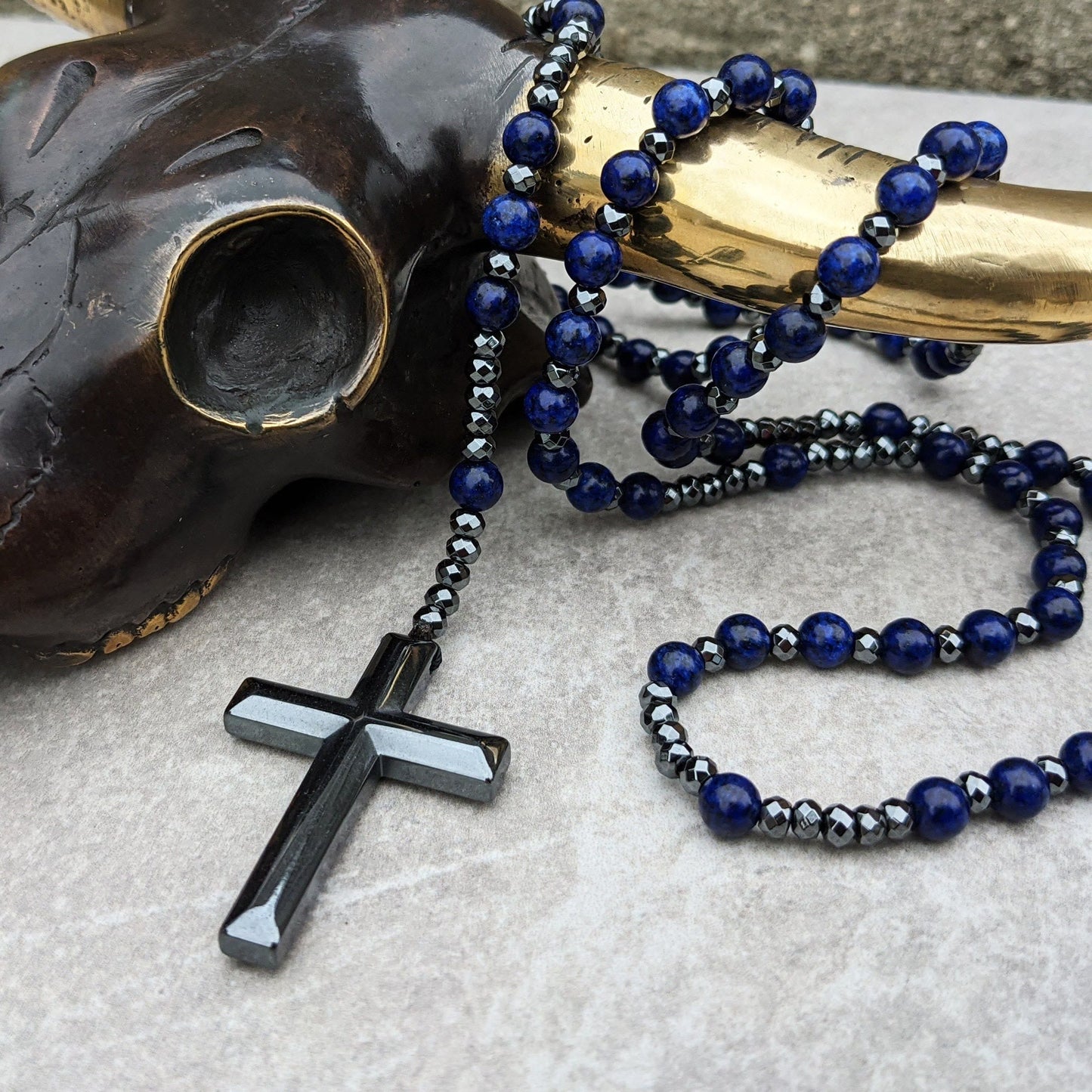 Natuursteen Rozenkrans Ketting met Kruis Hanger voor Mannen Zwart Blauw Groen Grijs