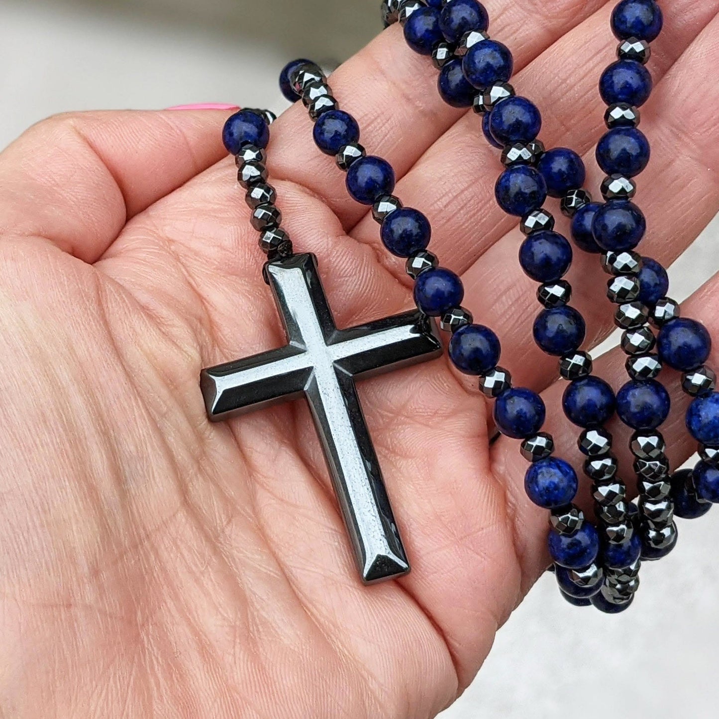 Natuursteen Rozenkrans Ketting met Kruis Hanger voor Mannen Zwart Blauw Groen Grijs