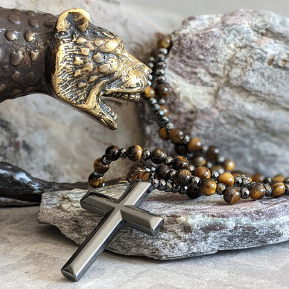 Natuursteen Rozenkrans Ketting met Kruis Hanger voor Mannen Zwart Blauw Groen Grijs