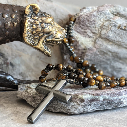 Natuursteen Rozenkrans Ketting met Kruis Hanger voor Mannen Zwart Blauw Groen Grijs