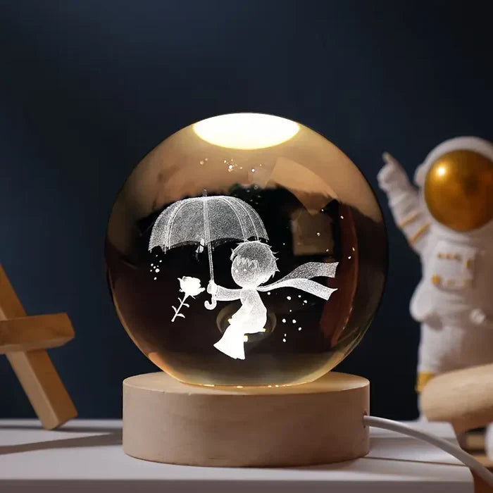 3D Gravure Verlichte Glazen Bol met Houten Voet | Cosmos Sterrenstelsel LED Nachtlampje USB Decoratieve Bol