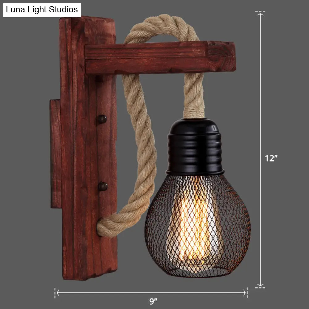 Houten Wandlamp met Touwarm en Glazen Lantaarn – Scandinavische Sfeer voor Slaapkamer en Hal