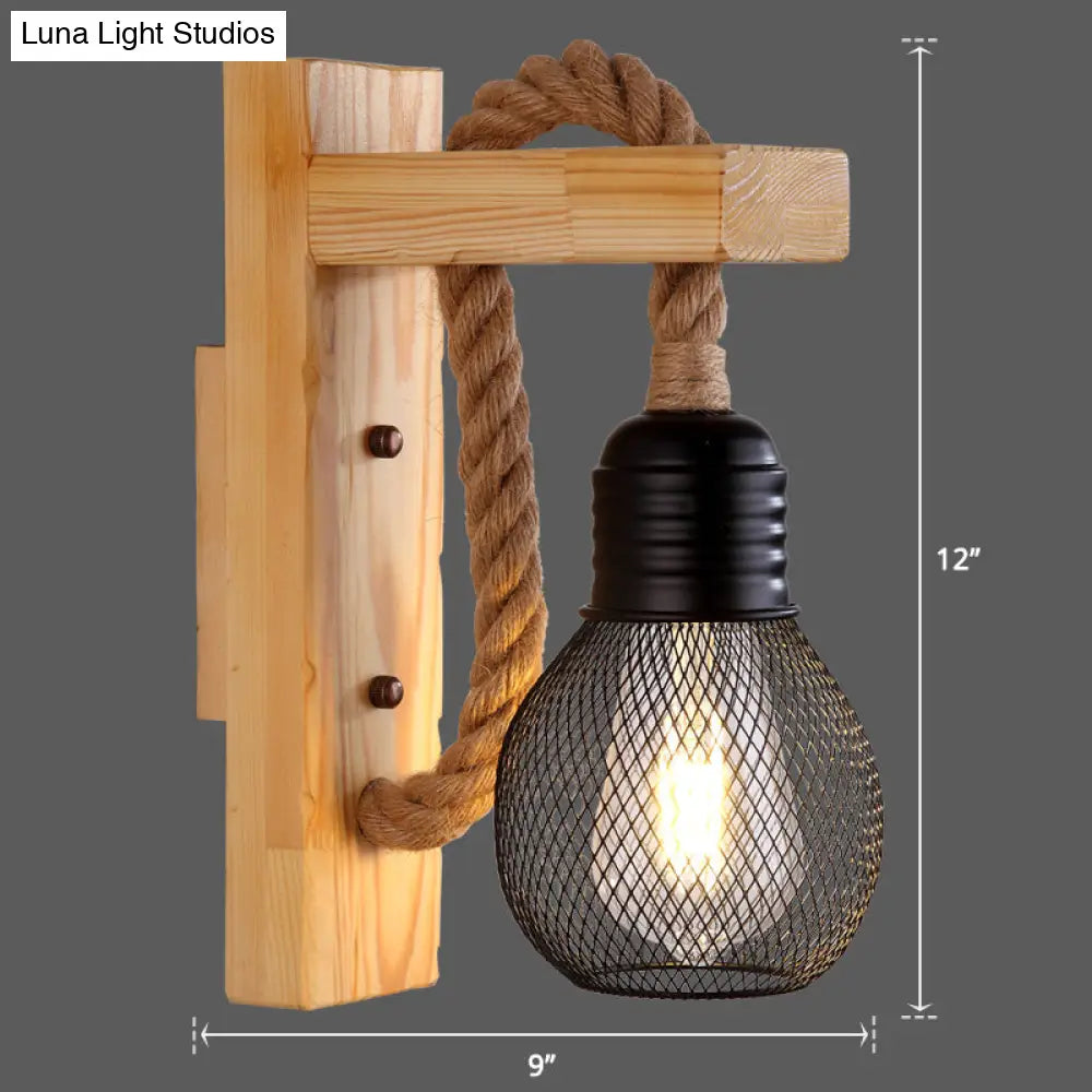 Houten Wandlamp met Touwarm en Glazen Lantaarn – Scandinavische Sfeer voor Slaapkamer en Hal