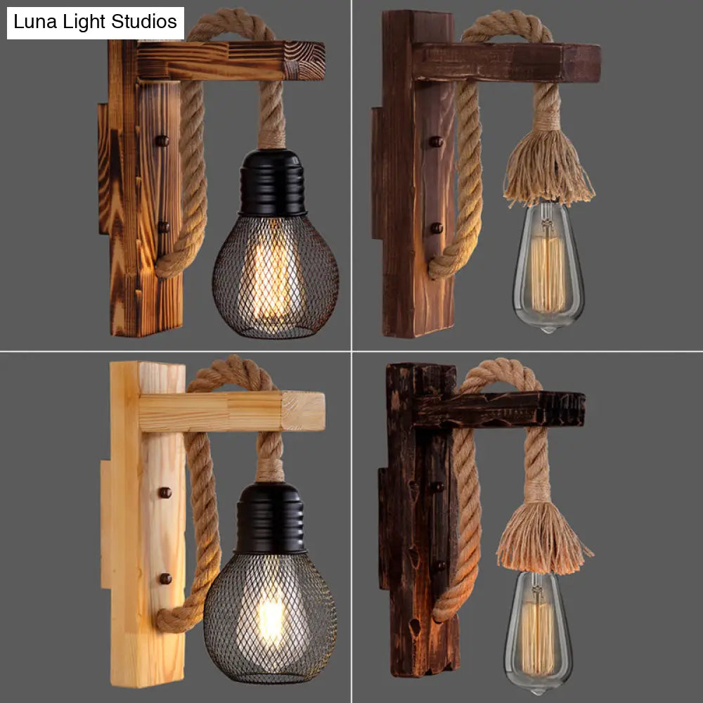 Houten Wandlamp met Touwarm en Glazen Lantaarn – Scandinavische Sfeer voor Slaapkamer en Hal
