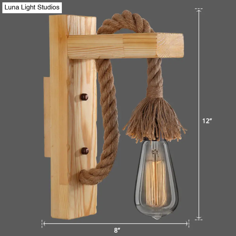 Houten Wandlamp met Touwarm en Glazen Lantaarn – Scandinavische Sfeer voor Slaapkamer en Hal