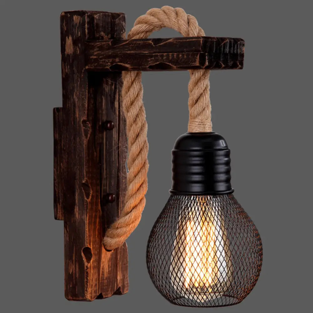 Houten Wandlamp met Touwarm en Glazen Lantaarn – Scandinavische Sfeer voor Slaapkamer en Hal