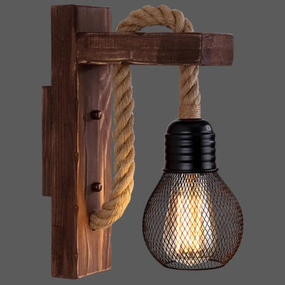 Houten Wandlamp met Touwarm en Glazen Lantaarn – Scandinavische Sfeer voor Slaapkamer en Hal