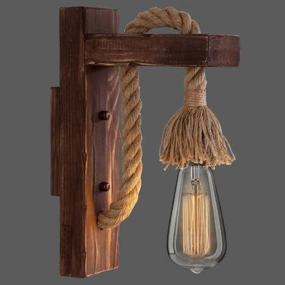 Houten Wandlamp met Touwarm en Glazen Lantaarn – Scandinavische Sfeer voor Slaapkamer en Hal