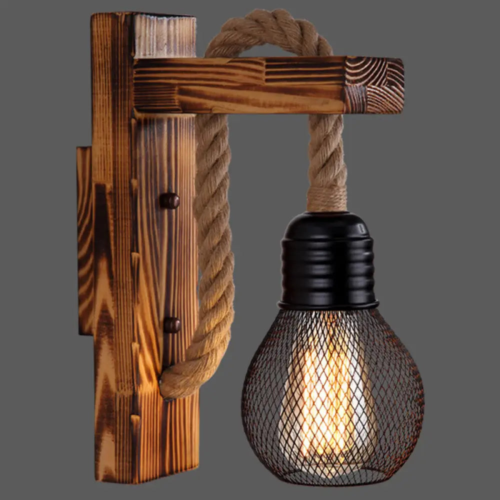Houten Wandlamp met Touwarm en Glazen Lantaarn – Scandinavische Sfeer voor Slaapkamer en Hal