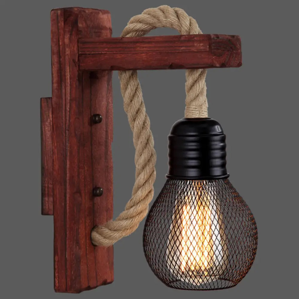 Houten Wandlamp met Touwarm en Glazen Lantaarn – Scandinavische Sfeer voor Slaapkamer en Hal